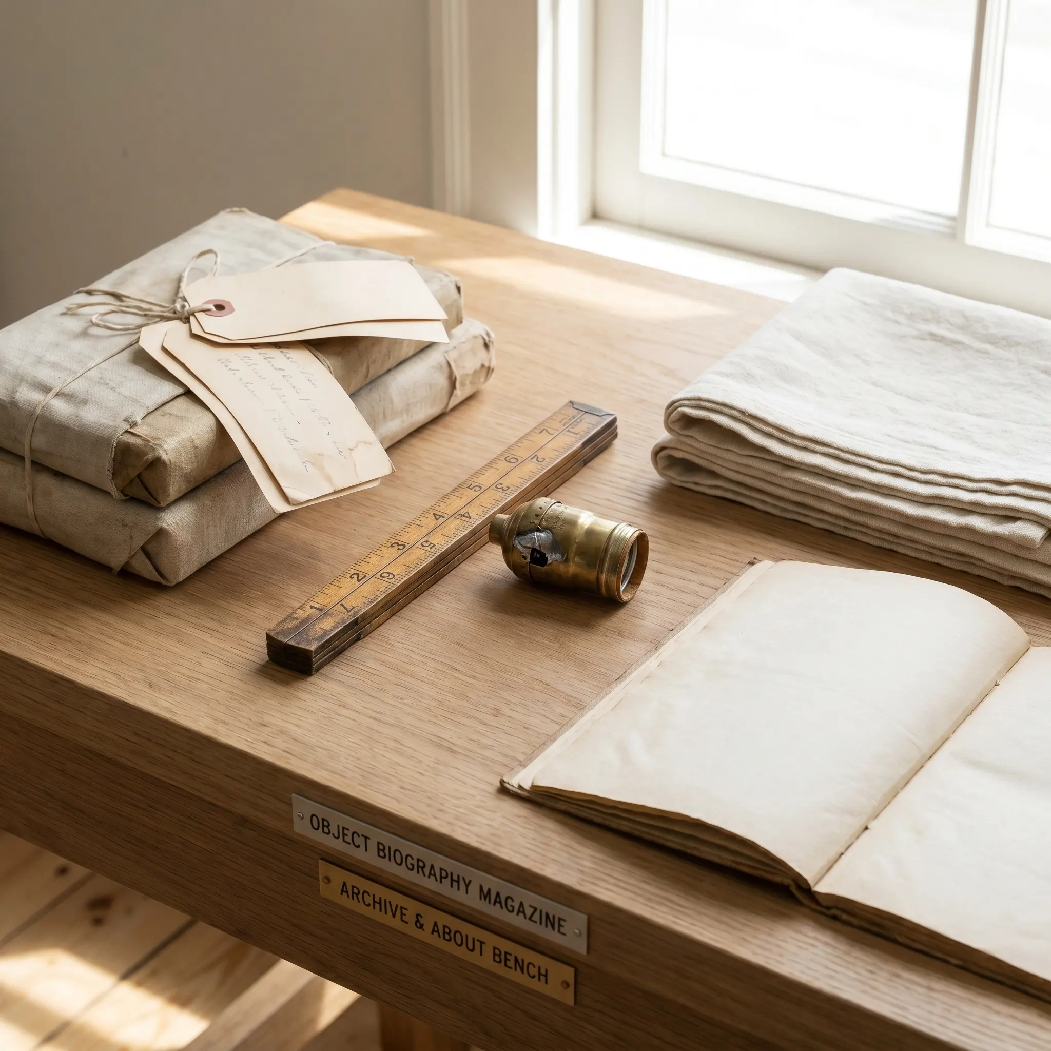 A careful repair bench with household objects, measuring tools, swatches, and paper labels