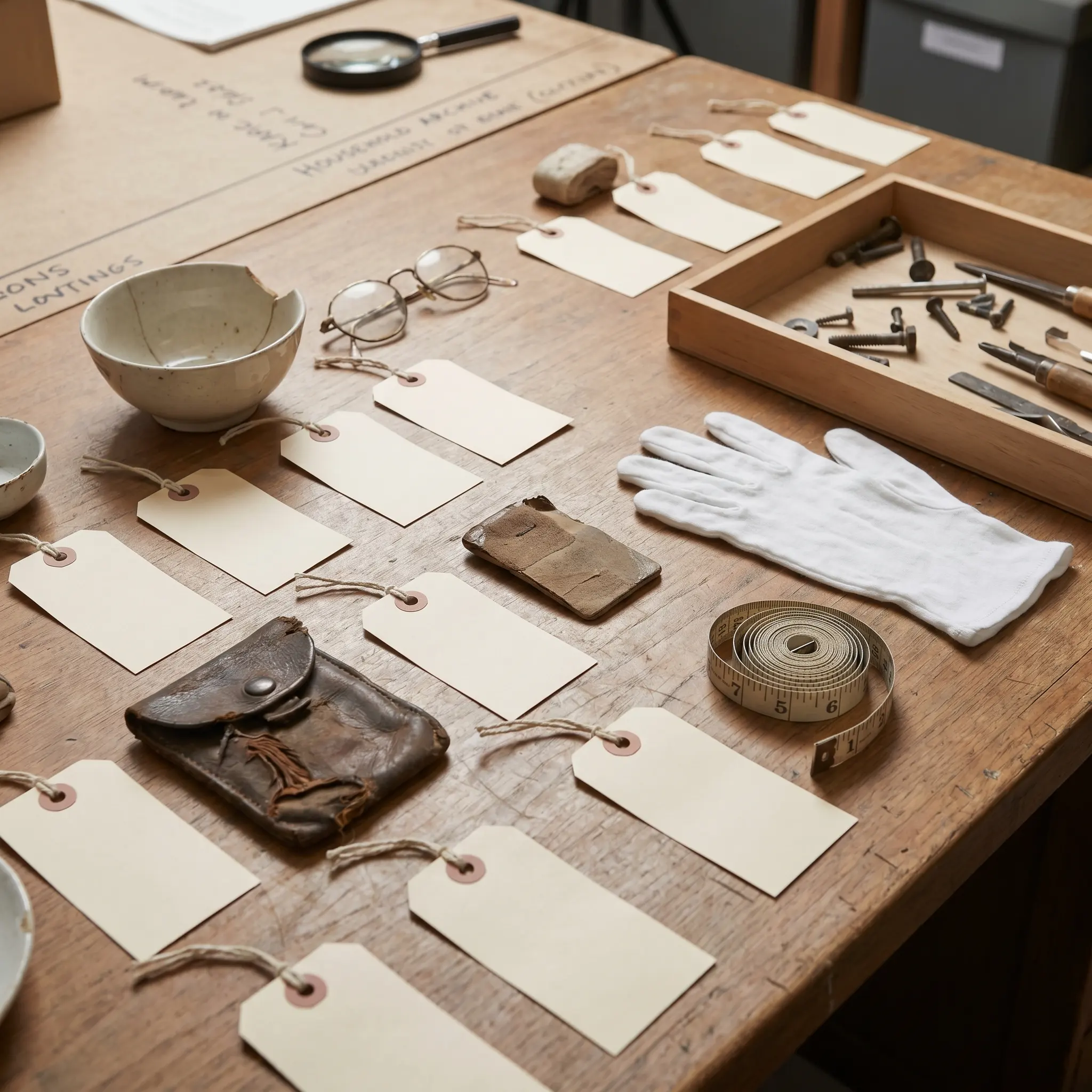 A calm archive table with tagged household objects and material notes