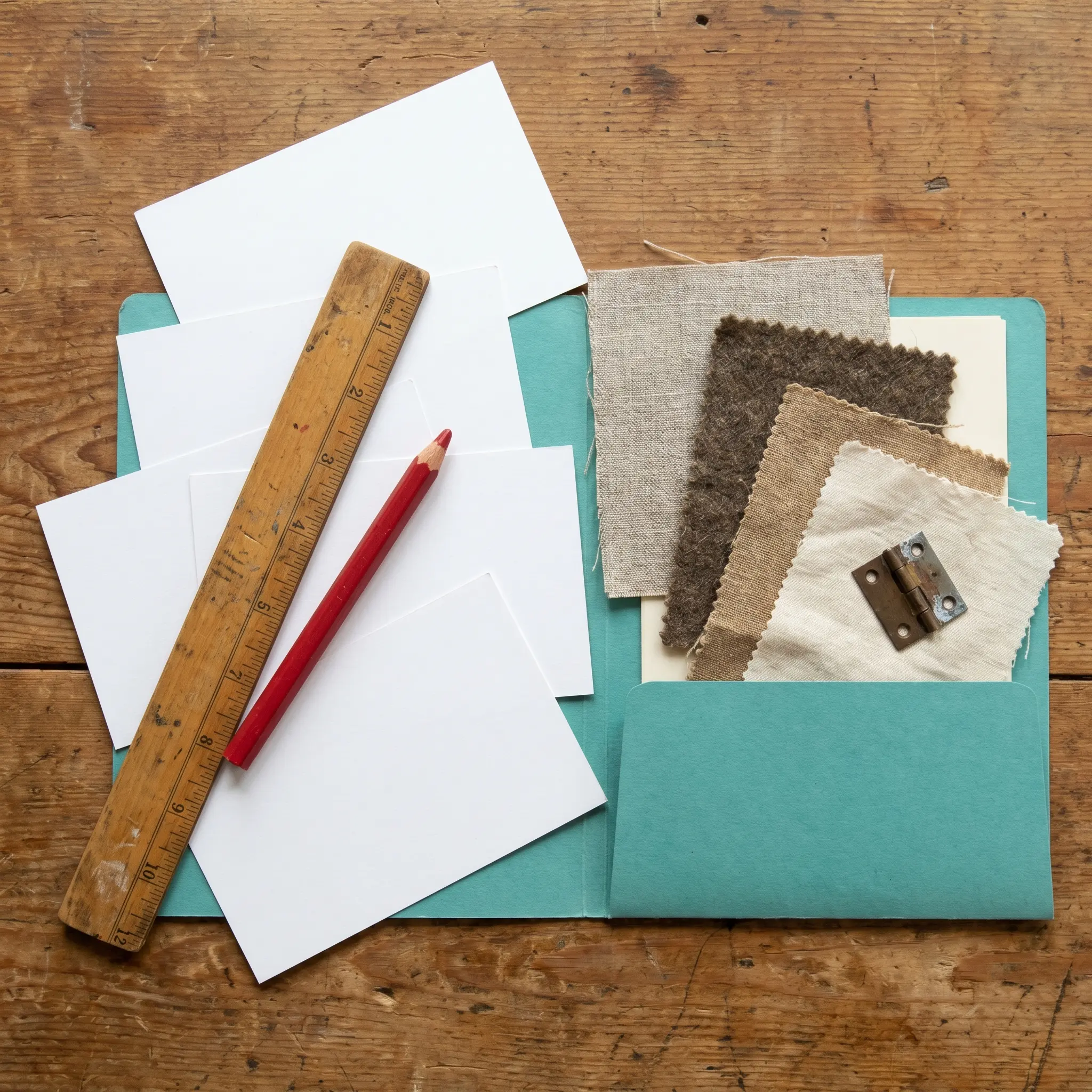 Blank field cards, a ruler, textile swatches, and small repaired hardware