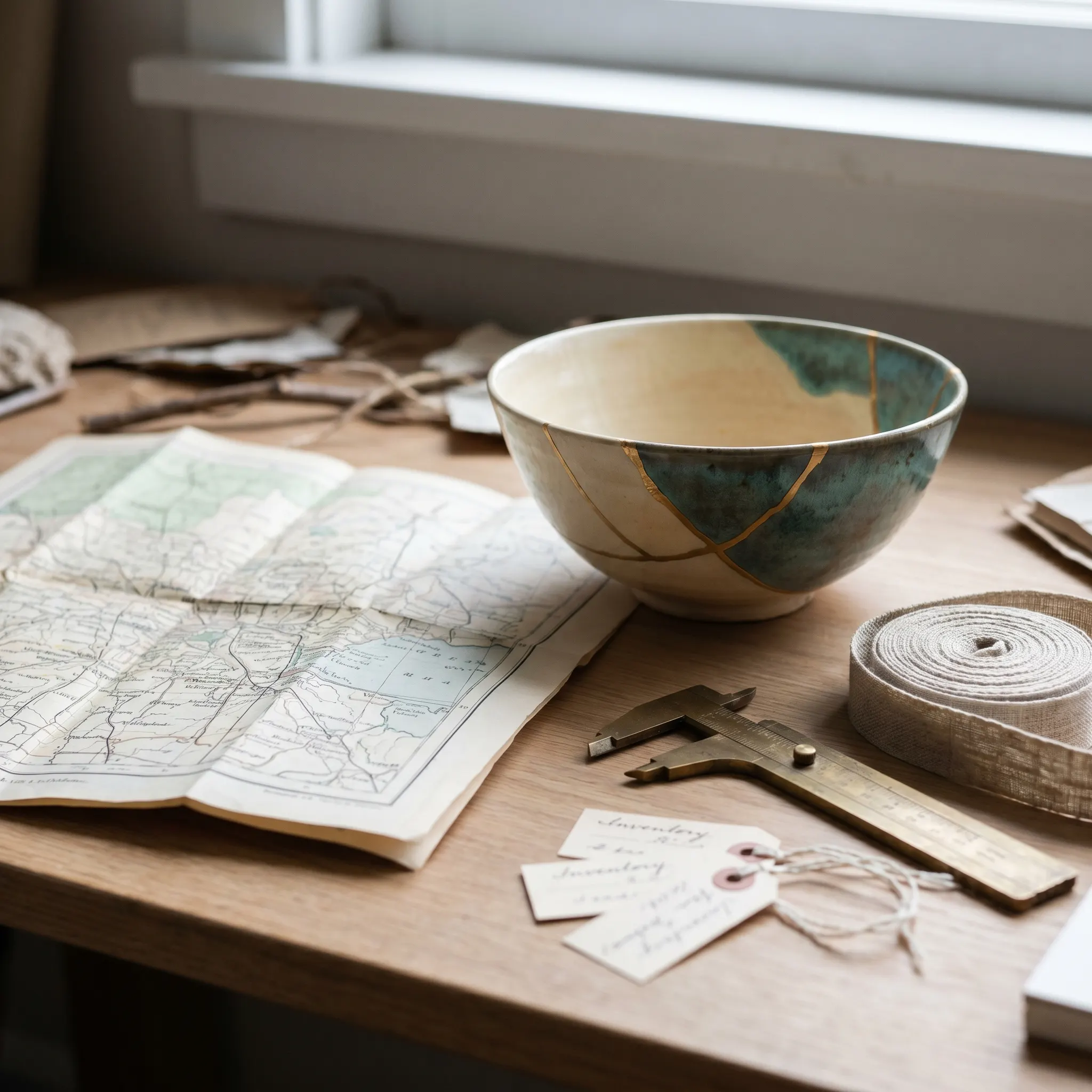 A repaired object atlas worktable with maps, measuring tools, tags, and ceramic pieces