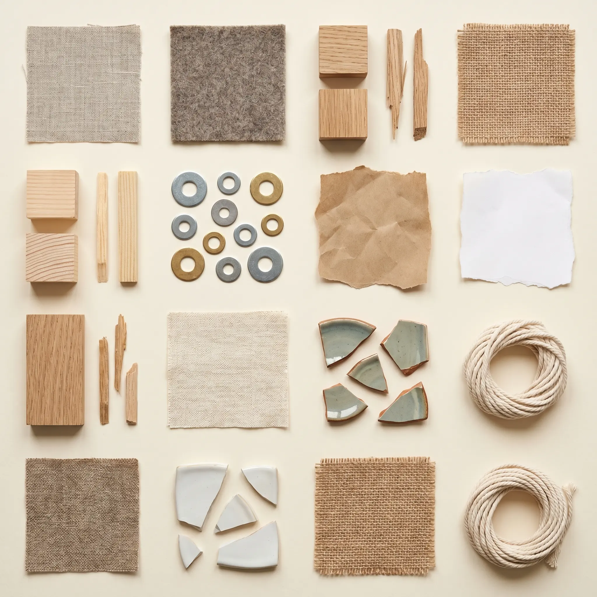 Sorted fabric, ceramic, metal, paper, and wood fragments arranged as a practical material map