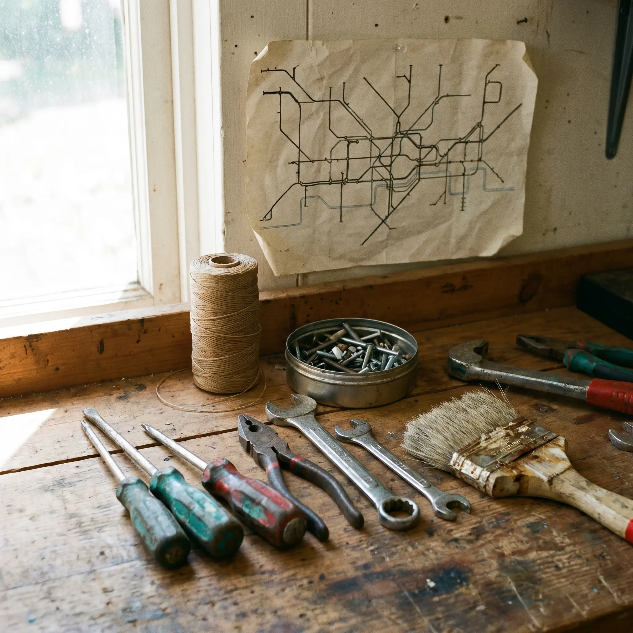 Repair tools, thread, spare fasteners, and a route diagram arranged on paper